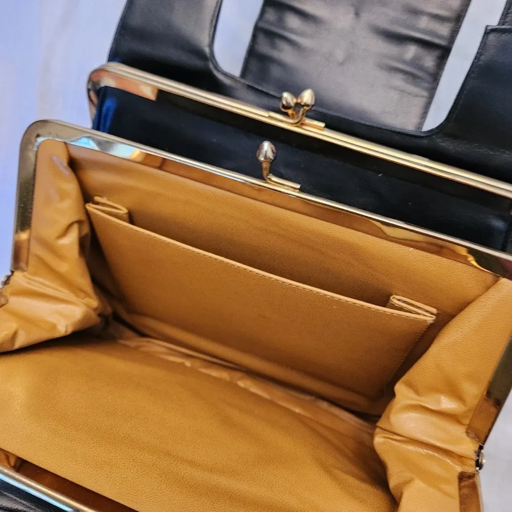 Vintage Lou Taylor Black Leather Shoulder Bag 1970s Designer Purse,Signed Mirror